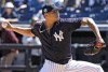 FILE - New York Yankees' Jonathan Loaisiga pitches to the Detroit Tigers during the sixth inning of a spring training baseball game March 21, 2023, in Tampa, Fla. Right-hander Loaisiga will have arthroscopic surgery to remove a bone spur from his pitching elbow and likely will be sidelined until August. (AP Photo/Chris O'Meara, File)