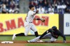 Cleveland Guardians' Amed Rosario, right, is forced out at second base by New York Yankees shortstop Anthony Volpe, left, on a ball hit by Guardians' Jose Ramirez during the first inning of a baseball game, Monday, May 1, 2023, in New York. (AP Photo/Rich Schultz)