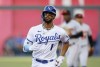 Kansas City Royals' MJ Melendez (1) rounds the bases after hitting a two-run home run during the first inning of a baseball game against the Baltimore Orioles in Kansas City, Mo., Tuesday, May 2, 2023. (AP Photo/Colin E. Braley)