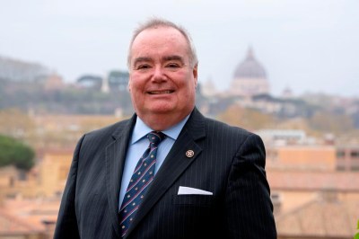 John Dunlap poses at the Sovereign Military Order of Malta's headquarters in Rome, Friday, March 31, 2023. Dunlap, a Canadian lawyer who found his vocation ministering to AIDS patients in Harlem has been elected Wednesday, May 3, 2023, the grand master of the Knights of Malta, the first non-European and first non-aristocratic head of the ancient Catholic order that provides humanitarian aid around the world. (AP Photo/Domenico Stinellis)