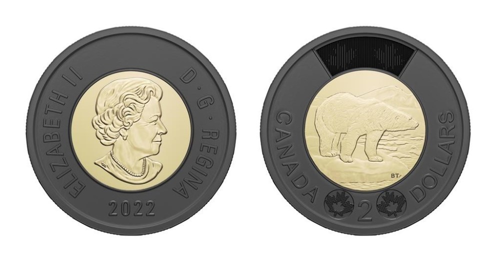 The black-ringed toonie the Royal Canadian Mint released to memorialize the late Queen Elizabeth is shown in a handout photo. THE CANADIAN PRESS/HO-Royal Canadian Mint **MANDATORY CREDIT**