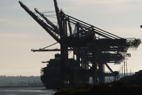Ships are docked at Port of Los Angeles on Friday, April 28, 2023. A confidential document obtained by The Associated Press shows the International Chamber of Shipping advised its national branches in March that member companies should 