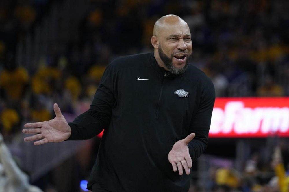 Los Angeles Lakers head coach Darvin Ham reacts during the second half of Game 2 of an NBA basketball Western Conference semifinal game against the Golden State Warriors, Thursday, May 4, 2023, in San Francisco. (AP Photo/Godofredo A. Vásquez)