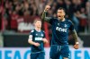 Cologne's goal scorer Davie Selke celebrates after scoring for the 1:0 lead during the Bundesliga soccer match between Bayer Leverkusen and 1. FC Cologne at BayArena, Leverkusen, Germany, Friday May 5, 2023. (Marius Becker/dpa via AP)