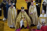King Charles III wearing the St Edward's Crown during the coronation ceremony at Westminster Abbey, in London, Saturday May 6, 2023. (Andrew Matthews/Pool via AP)