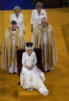 Queen Camilla wearing the Queen Mary's Crown during the coronation ceremony at Westminster Abbey, in London, Saturday May 6, 2023. (Andrew Matthews/Pool via AP)