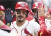 St. Louis Cardinals' Nolan Arenado celebrates with teammates in the dugout after hitting a two-run home run in the fifth inning of a baseball game against the Detroit Tigers, Saturday, May 6, 2023, in St. Louis. (AP Photo/Tom Gannam)