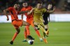 Real Salt Lake's Danny Musovski, right, and Houston Dynamo's Artur battle for the ball during the second half of an MLS soccer match Saturday, May 6, 2023, in Houston. The teams tied 0-0. (AP Photo/David J. Phillip)