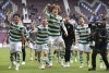 Celtic's Kyogo Furuhashi celebrates after the Scottish Premiership soccer match between Heart of Midlothian and Celtic Glasgow, at Tynecastle Stadium, in Edinburgh, Sunday May 7, 2023. (Steve Welsh/PA via AP)