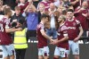 West Ham's Said Benrahma, second right, celebrates after scoring his side's opening goal during the English Premier League soccer match between West Ham United and Manchester United at the London Stadium in London, England, Sunday, May 7, 2023. (AP Photo/Ian Walton)
