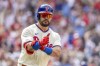 Philadelphia Phillies designated hitter Kyle Schwarber gestures after hitting a home run during the seventh inning of a baseball game against the Boston Red Sox, Sunday, May 7, 2023, in Philadelphia. (AP Photo/Laurence Kesterson)