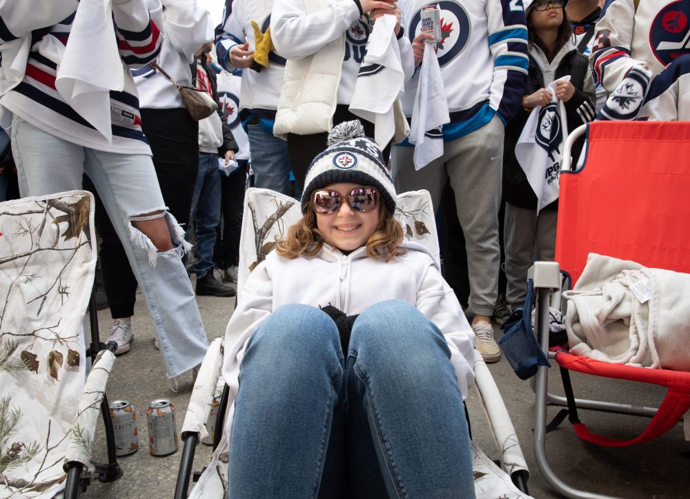 JESSICA LEE / WINNIPEG FREE PRESS
Tessa Dyson is photographed at a Whiteout party. Thousands of Winnipeg Jets fans gathered downtown beside Canada Life Centre April 22, 2023 to watch the Jets play against the Golden Knights.