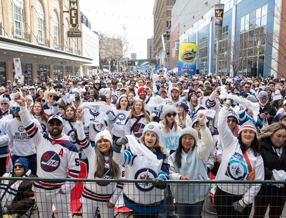 JESSICA LEE / WINNIPEG FREE PRESS
Thousands of Winnipeg Jets fans gather downtown beside Canada Life Centre April 22, 2023 to watch the Jets play against the Golden Knights at a Whiteout party.