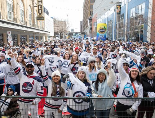 JESSICA LEE / WINNIPEG FREE PRESS
Thousands of Winnipeg Jets fans gather downtown beside Canada Life Centre April 22, 2023 to watch the Jets play against the Golden Knights at a Whiteout party.