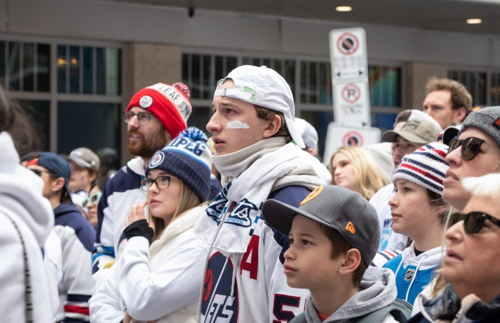 JESSICA LEE / WINNIPEG FREE PRESS
Winnipeg Jets fans react when the Golden Knights score a goal early in the game. Thousands of Winnipeg Jets fans gathered downtown beside Canada Life Centre April 22, 2023 to watch the Jets play against the Golden Knights at a Whiteout party.