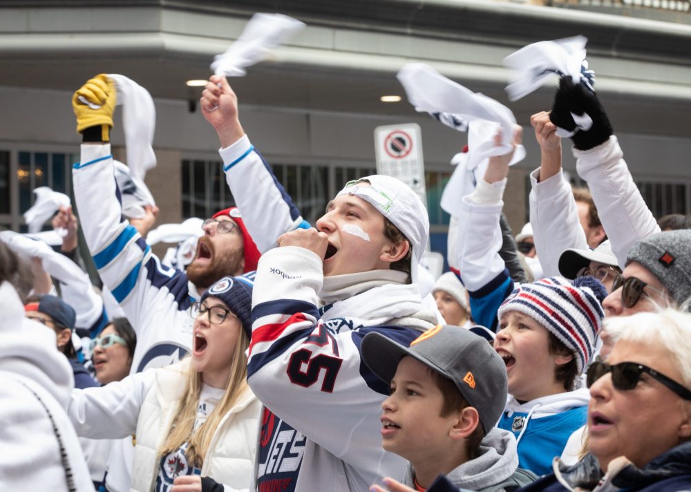 JESSICA LEE / WINNIPEG FREE PRESS
Thousands of Winnipeg Jets fans gather downtown beside Canada Life Centre April 22, 2023 to watch the Jets play against the Golden Knights at a Whiteout party.