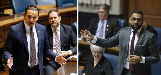 NDP Leader Wab kinew (left photo) and PC Minister of Sport, Culture and Heritage Obby Khan (right photo) (Winnipeg Free Press files)