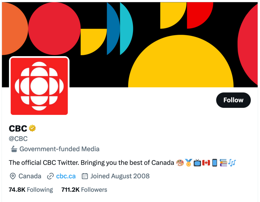 One of CBC’s Twitter accounts now has a label which describes the broadcaster as “Government-funded Media.”