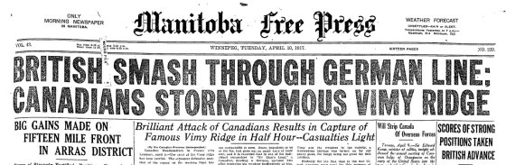 The front page of the Winnipeg Free Press, April 10, 1917.