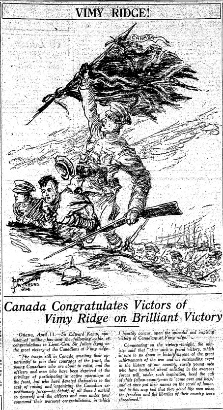 From the front page of the Winnipeg Free Press, April 12, 1917.
