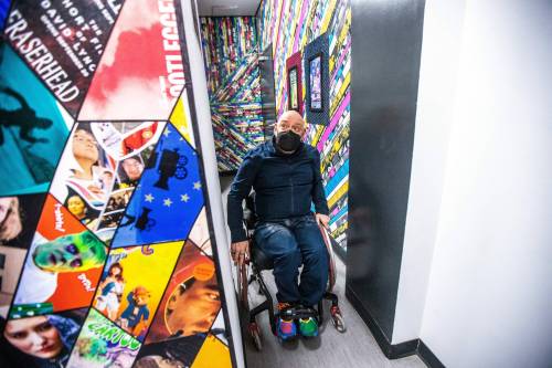 MIKAELA MACKENZIE / WINNIPEG FREE PRESS
                                Peter Tonge, Arts Accessibility Network of Manitoba main auditor, assesses the washrooms at the Platform Centre.