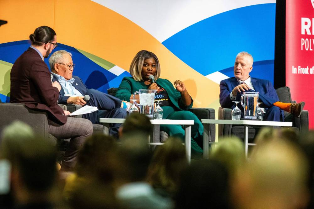 MIKAELA MACKENZIE / WINNIPEG FREE PRESS
Noah Wilson (left), Peter Nunoda, Oyindamola Alaka, and Jason Gill speak in a panel discussion at the second-ever CODE conference in Winnipeg on Wednesday.