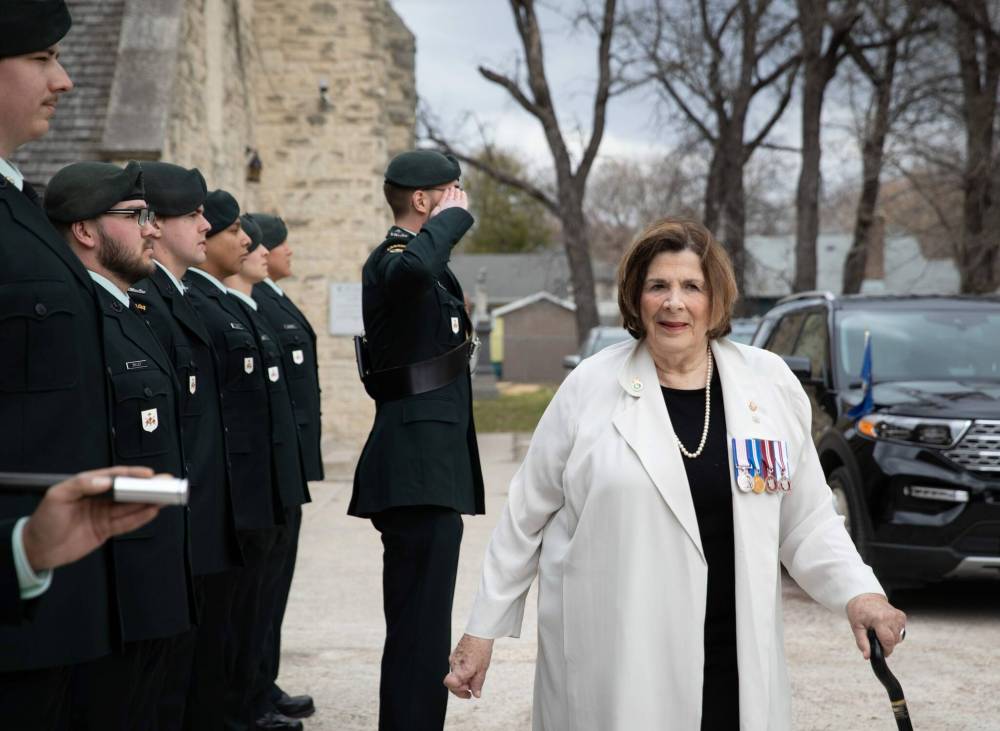 JESSICA LEE / WINNIPEG FREE PRESS
Lieutenant Governor of Manitoba Anita Neville (in white) arrives for the coronation service at St. John’s Anglican Cathedral on Saturday.