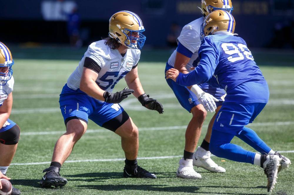 Mike Deal / Winnipeg Free Press
Cole Adamson (56) was a 2022 fourth-round draft pick by the Winnipeg Blue Bombers after a stellar five-year career with the University of Manitoba Bisons.