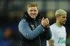 Newcastle's head coach Eddie Howe, centre, celebrates after the English Premier League soccer match between Everton and Newcastle United at the Goodison Park stadium in Liverpool, England, Thursday, April 27, 2023. (AP Photo/Jon Super)
