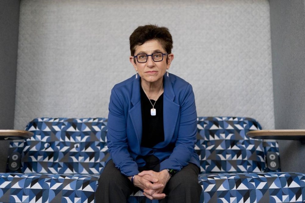 Gigi Sohn, who withdrew her long delayed nomination by the Biden administration for the Federal Communications Commission, poses for a portrait at Georgetown University Law Center, Tuesday, April 4, 2023, in Washington. (AP Photo/Andrew Harnik)
