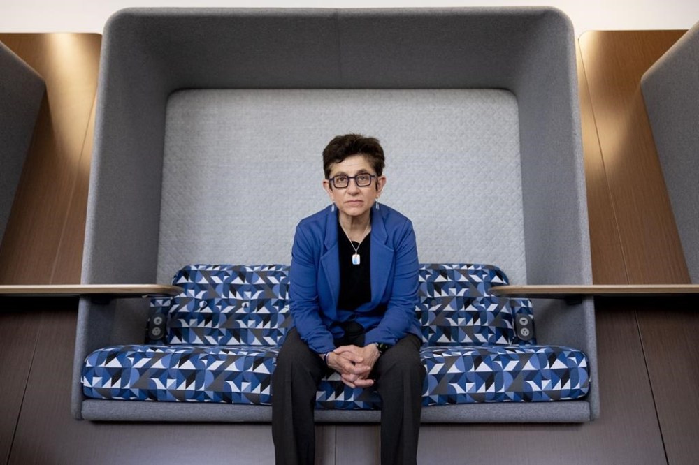 Gigi Sohn, who withdrew her long delayed nomination by the Biden administration for the Federal Communications Commission, poses for a portrait at Georgetown University Law Center, Tuesday, April 4, 2023, in Washington. (AP Photo/Andrew Harnik)