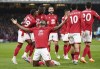 Nottingham Forest's Taiwo Awoniyi, centre, celebrates scoring his side's second goal of the game with teammates during the English Premier League soccer match between Nottingham Forest and Southampton FC at City Ground, Nottingham, England, Monday May 8, 2023. (Joe Giddens/PA via AP)