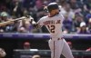 Arizona Diamondbacks' Lourdes Gurriel Jr. follows the flight of his RBI-doubnle off Colorado Rockies relief pitcher Brad Hand in the eighth inning of a baseball game, Sunday, April 30, 2023, in Denver. (AP Photo/David Zalubowski)