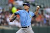 Tampa Bay Rays starting pitcher Shane McClanahan throws a pitch to the Baltimore Orioles during the first inning of a baseball game, Monday, May 8, 2023, in Baltimore. (AP Photo/Julio Cortez)