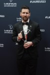 Argentine soccer player Lionel Messi poses after he was presented the award for sportsperson of the year at the Laureus Sports Awards ceremony in Paris, Monday, May 8, 2023. (AP Photo/Lewis Joly)