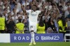 Real Madrid's Vinicius Junior celebrates after scoring the opening goal during the Champions League semifinal first leg soccer match between Real Madrid and Manchester City at the Santiago Bernabeu stadium in Madrid, Spain, Tuesday, May 9, 2023. (AP Photo/Manu Fernandez)