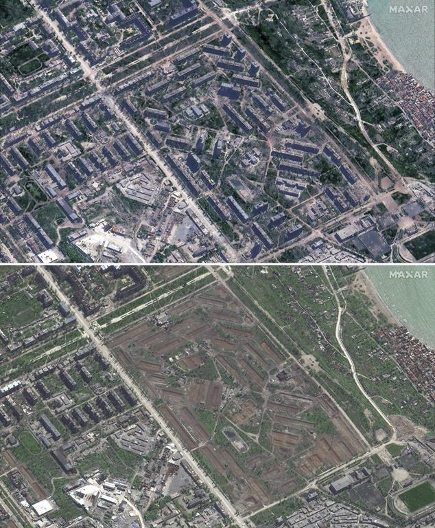 This images provided by MaxarTechnologies show damaged buildings in the Livoberzhnyi district in Mariupol, Ukraine, on Sunday, May 8, 2022, top, and razed buildings Wednesday, April 26, 2023, bottom. (Satellite image ©2023 Maxar Technologies via AP)