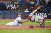 Toronto Blue Jays center fielder Kevin Kiermaier (39) attempts to score during fifth inning AL MLB baseball action against the Atlanta Braves, but is called out opon review, in Toronto on Friday, May 12, 2023. THE CANADIAN PRESS/Christopher Katsarov