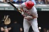 Los Angeles Angels' Mike Trout is hit by a pitch from Cleveland Guardians' Cal Quantrill during the third inning of a baseball game Saturday, May 13, 2023, in Cleveland. (AP Photo/David Dermer)