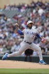 CORRECTS DATE TO MAY 14 INSTEAD OF MAY 15 - Chicago Cubs starting pitcher Marcus Stroman (0) throws during the first inning of a baseball game against the Minnesota Twins, Sunday, May 14, 2023, in Minneapolis. (AP Photo/Stacy Bengs)