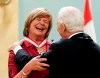 Journalist and radio broadcaster Shelagh Rogers of Vancouver smiles as she is embraced by Governor General David Johnston after she was invested into the Order of Canada as Officer during a ceremony at Rideau Hall in Ottawa, Friday, September 16 2011. Rogers is stepping down from her long-time gig hosting 