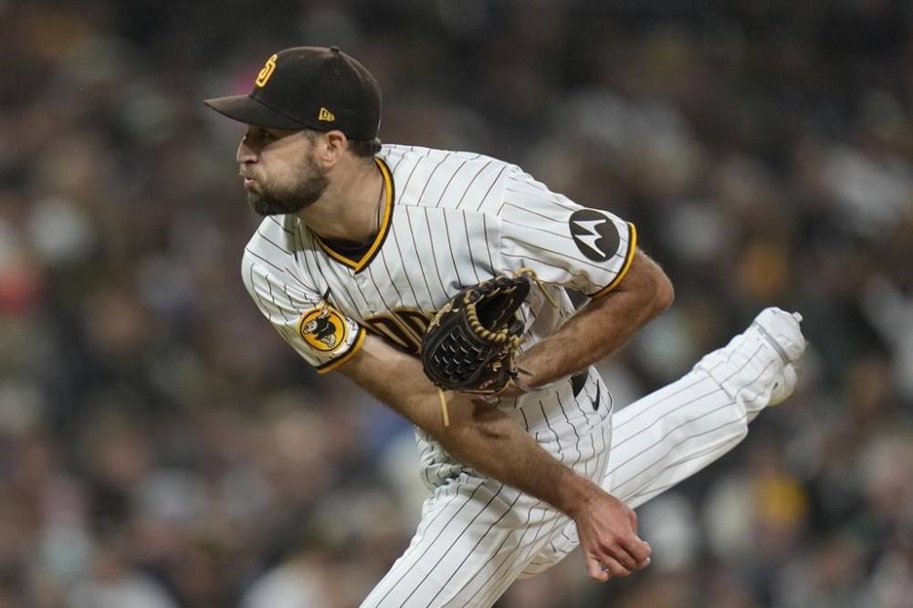 San Diego Padres starting pitcher Michael Wacha works against a Kansas City Royals better during the sixth inning of a baseball game Monday, May 15, 2023, in San Diego. (AP Photo/Gregory Bull)