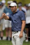 Scottie Scheffler lines up a shot on the 18th hole during a practice around for the PGA Championship golf tournament at Oak Hill Country Club on Tuesday, May 16, 2023, in Rochester, N.Y. (AP Photo/Abbie Parr)