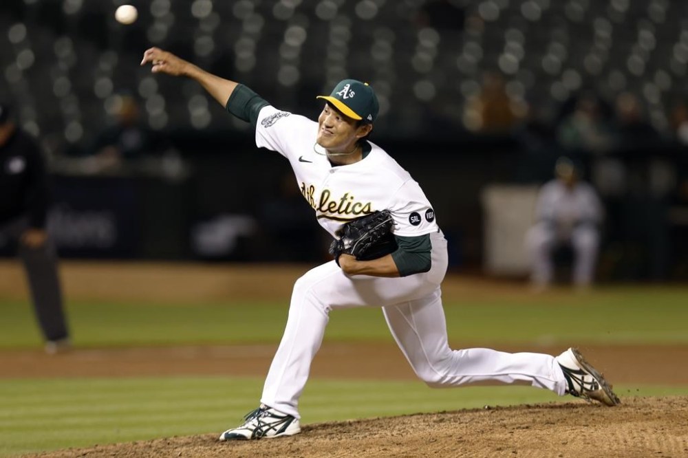 Oakland Athletics' Shintaro Fujinami throws to an Arizona Diamondbacks batter during the seventh inning of a baseball game in Oakland, Calif., Tuesday, May 16, 2023. (AP Photo/Jed Jacobsohn)