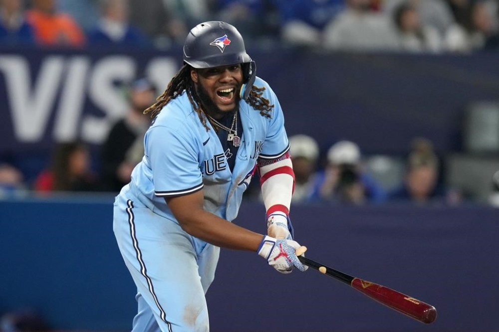 Toronto Blue Jays Vladimir Guerrero Jr. reacts after flying out during seventh inning American League MLB baseball action against the New York Yankees in Toronto on Tuesday, May 16, 2023. Guerrero Jr. was not in the starting lineup for Wednesday's home game against the New York Yankees due to a sore right knee. THE CANADIAN PRESS/Chris Young