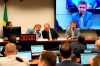 Deputy Felipe Carreras, right, commission rapporteur, speaks during the first meeting of the Parliamentary Commission of Inquiry that investigates the scandals of manipulation of football matches, at the headquarters of the Chamber of Deputies, in Brasilia, Brazil, Wednesday, May 17, 2023. Brazil's lower house of Congress opened a probe into a soccer match-fixing scandal that has rocked the sport in the South American nation. (AP Photo/Eraldo Peres)