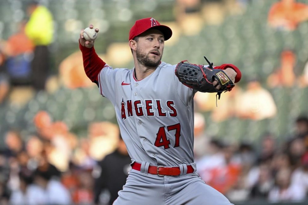 Los Angeles Angels starting pitcher Griffin Canning (47) throws during the first inning of a baseball game against the Baltimore Orioles, Wednesday, May 17, 2023, in Baltimore. (AP Photo/Terrance Williams)