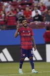 FC Dallas forwards Jesús Ferreira celebrates his goal against the Vancouver Whitecaps during the first half of an MLS soccer match Wednesday, May 17, 2023, in Frisco, Texas. (AP Photo/LM Otero)