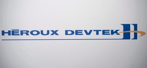 A Heroux-Devtek Inc. logo is shown at the company's annual general meeting in Montreal, Thursday, August 2, 2012. THE CANADIAN PRESS/Graham Hughes