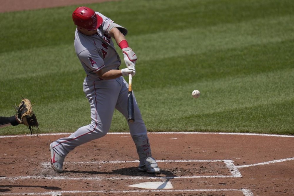 Los Angeles Angels' Mike Trout hits a home run against the Baltimore Orioles during the third inning of a baseball game at Oriole Park at Camden Yards, Thursday, May 18, 2023, in Baltimore. (AP Photo/Jess Rapfogel)